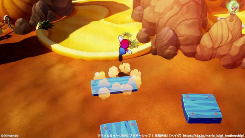 ルイージはスイッチの上、マリオは足場を使って流砂を戻る