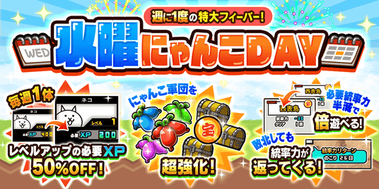 にゃんこ大戦争』 期間限定イベント「水曜にゃんこDAY」開催のお知らせ